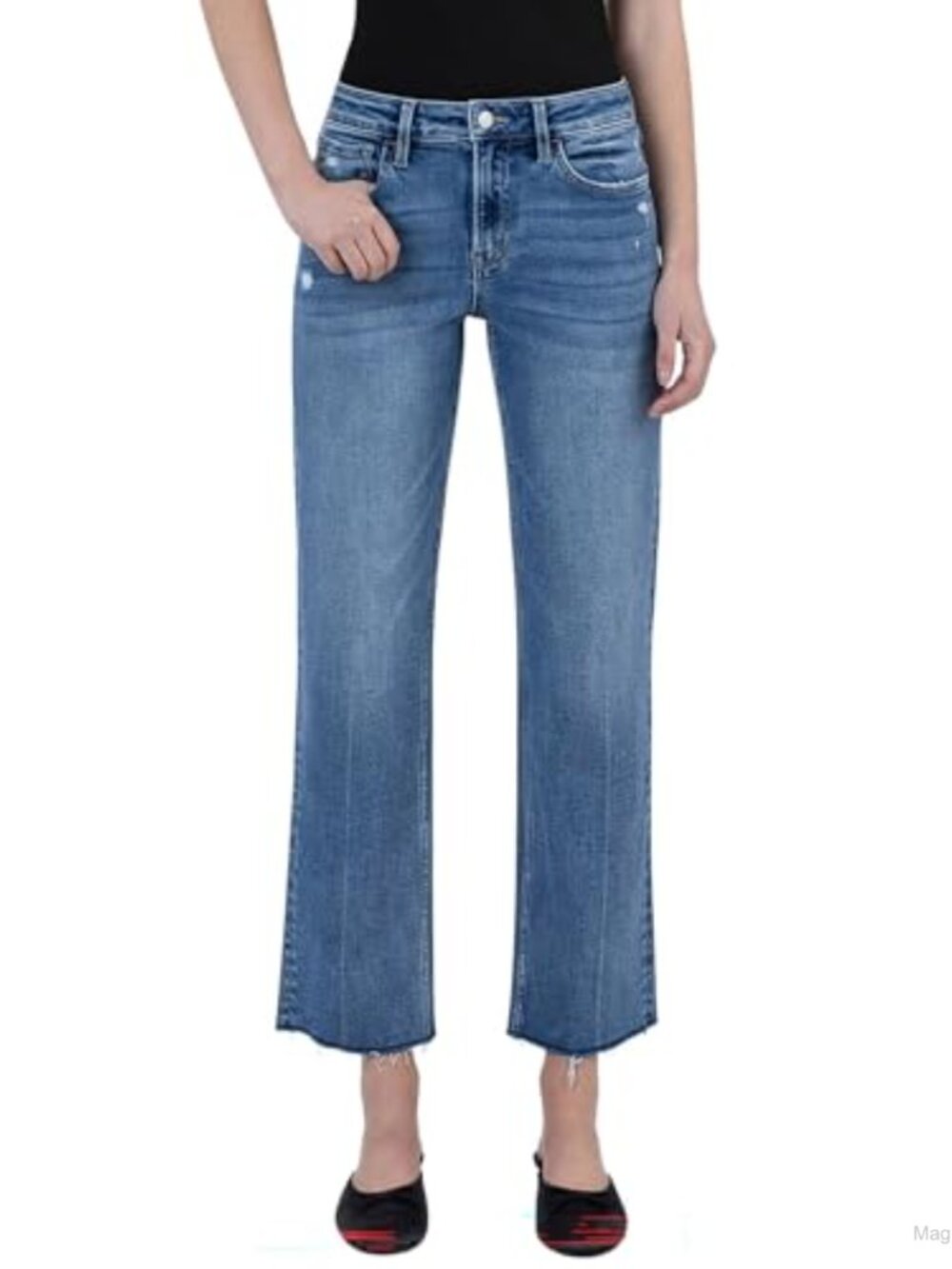 High Rise Raw Hem Ankle Straight Jeans Comfort Stretch Denim 5 Pocket